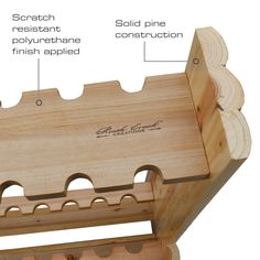 the parts of a wooden wine rack with labels on it and instructions for each section