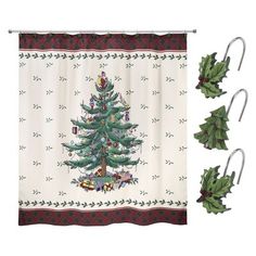 a christmas tree shower curtain and hooks with holiday decorations around it on a white background