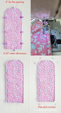 the instructions for how to sew a flowery pink and blue fabric with white flowers