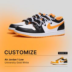 What do you think about this pair of custom-made Air Jordan 1 Low 'University Gold White' 553558-701?🤔 Timeless Sneakers, White Taxi, Fashion Mark, Retro Basketball Shoes, Nike Air Jordan 1, Air Jordan 1 Low, Jordan 1 Low, Round Toe Heels, Nike Cortez Sneaker