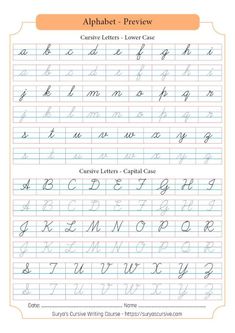 Alphabet in Cursive Writing Cursive Practice Sheets, Cursive Letters Worksheet, Teaching Cursive Writing, Cursive Writing Practice, Cursive Writing Practice Sheets, Cursive Worksheets, Cursive Handwriting Worksheets, Teaching Cursive, Learning Cursive