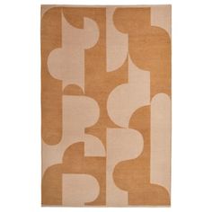 a beige and white rug with an abstract design on the bottom, in front of a white background