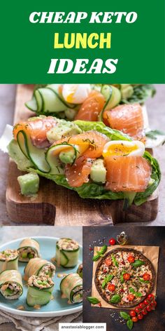 some food that is on top of a wooden board with the words cheap keto lunch ideas