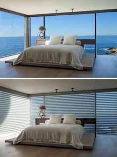 there are two pictures of a bedroom with the ocean in the back ground and on top of the bed