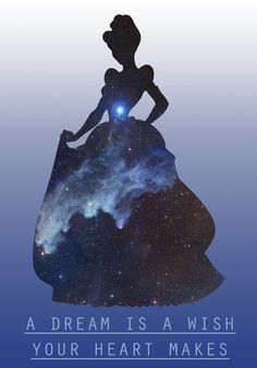 the silhouette of a woman in a long dress with stars on her chest and an open space background