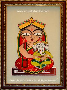 Cristal Art Blog: Jamini Roy: Parvati and Ganesha - Glass Painting by CristalArt Ganesh Parvati, House Of Glass, Jamini Roy, Durga Ma, Paintings For Home, Bengali Art, Painting Styles, Kalamkari Painting, Durga Painting