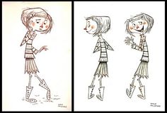 two drawings of people in different poses, one is wearing a striped shirt and the other has