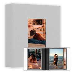 an open photo book with two pictures of people on the cover and one in the background