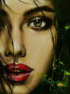 a painting of a woman with green eyes