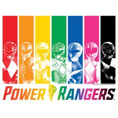 the power rangers logo is shown in rainbows and black, with an image of four different