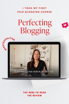 a woman is on her laptop with the words perfecting blogging above her head