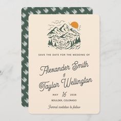 a wedding save the date card with mountains and trees in green, white and beige