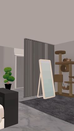 a room with a cat tree, mirror and couch in the corner next to a potted plant