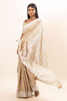 Beige saree with kantha hand embroidery. Paired with a round neck embroidered blouse. - Aza Fashions Transitional Embroidered Slub Silk Pre-draped Saree, Anarkali Chikankari Pre-draped Tussar Silk Saree, Cotton Silk Pre-draped Saree With Resham Embroidery For Puja, Embroidered Slub Silk Pre-draped Saree, Navratri Pre-draped Chikankari Saree In Tissue Silk, Slub Silk Pre-draped Saree With Cutdana For Navratri, Navratri Pre-draped Saree With Chikankari Embroidery, Transitional Cotton Silk Pre-draped Saree With Chikankari Embroidery, Chikankari Embroidered Slub Silk Pre-draped Saree For Wedding