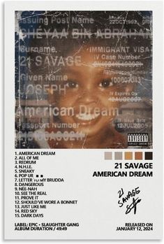 an american dream poster with the names and numbers on it