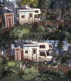 two pictures of an rv parked in the woods