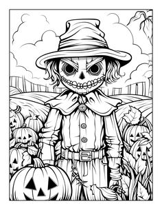 a halloween coloring page with a scarecrow and pumpkins