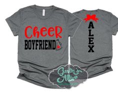 Cheer Boyfriend Shirt | Short Sleeve T-shirt | Cheer Shirt | Cheer Spirit Wear | Short Sleeve Tshirt | Customize colors PLEASE READ BEFORE ORDERING WE CANNOT RUSH ORDERS OR CREATE NEW DESIGNS DURING PEAK SEASON AUG - MAY. IF YOU NEED TO CANCEL PLEASE DO SO WITHIN 24HRS Please read full description before ordering we cannot be responsible for mistakes made by not reading the full description. ORDERING INSTRUCTIONS: 1. Select your Garment Size/Color Each size must be selected separately. Please do Cheer Shirts For Boyfriends, Cheer Boyfriend Shirt, Cheer Boyfriend Shirts Ideas, Cheer Boyfriend Shirts, Cheer Boyfriend, Cheerleading Shirts Designs, Cheer Spirit Wear, Cheer Team Shirts, Cheerleading Tshirts