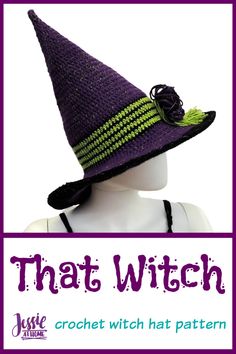 a purple and green hat with the words that witch written on it in black letters