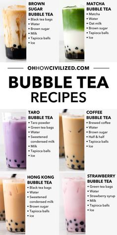 different types of bubble teas with text overlaying the top and below them