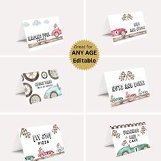 four different business cards with cars on them and the words great for any age editable