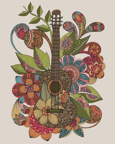 an illustration of a guitar with flowers and leaves in the center on a beige background