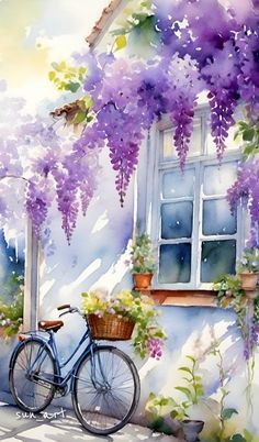 a painting of a bicycle parked in front of a window with purple flowers on it