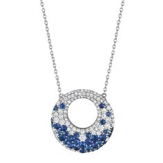 14K White Gold 35 Round Sapphires = 1.23ctw. 91 Round Brilliant Diamonds = 0.85ctw. The pendant measures 21mm tall by 20mm wide. Length = 18" Fana Jewelry, Sapphire Diamond Necklace, Round Sapphire, Designer Fashion Jewelry, Brilliant Diamond, Sapphire Diamond, Diamond Pendant, Round Brilliant, Pendant Jewelry