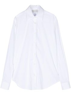 white cotton blend poplin texture pointed flat collar long sleeves buttoned-cuff sleeves curved hem front button fastening White Long Sleeve Blouse With Hidden Button Closure, Timeless Long Sleeve Dress Shirt For Daywear, Classic Long Sleeve Dress Shirt For Daywear, Business White Blouse With Spread Collar, Timeless Long Sleeve Dress Shirt For Office, White Business Blouse With Spread Collar, White Long Sleeve Dress Shirt With Concealed Placket, Timeless Long Sleeve Dress Shirt For Work, White Long Sleeve Dress Shirt For Work