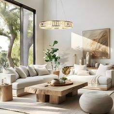 a living room filled with lots of furniture and a large window that looks out onto the outdoors