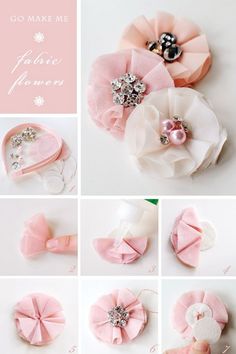 the instructions for making fabric flower hair clips are shown in several different positions and sizes