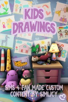 children's drawings are displayed on the wall next to a table with toys and other items