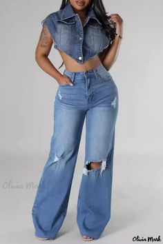 Olivia Mark - Premium High-Waisted Distressed Denim Jeans for a Casual Chic Look Ripped Cropped Denim Bottoms, Spring Cropped Distressed Jeans, Stretch Cropped Flare Denim Jeans, Dark Wash High Waist Denim Vest For Spring, Stretch Cropped Denim Jeans, Fitted Cropped Denim Flare Jeans, Fitted Ripped Denim Vest, High Waist Denim Vest For Spring, Fitted Cropped Flare Jeans