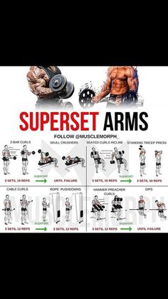 an advertisement for the super set arms workout program, with images of muscles and dumbbells