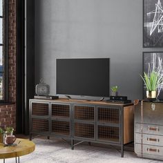 a living room with a television, table and two planters on the sidelines