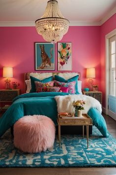 a bedroom with pink walls and blue bedding