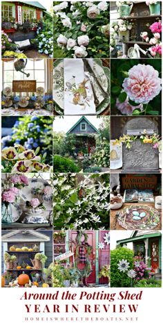 a collage of photos with flowers and other things in them, including the words around the potting shed yearn review