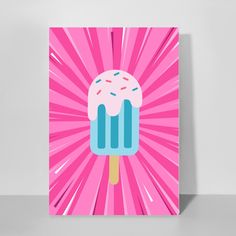 an ice cream cone with sprinkles on a pink and blue burst background