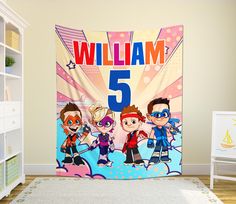 a personalized wall hanging in a child's room with an image of the characters