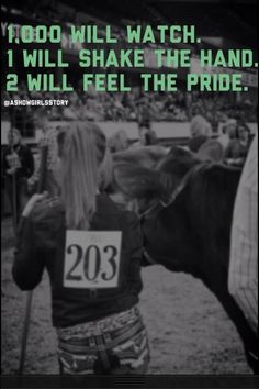 a woman standing next to a cow with the words, too will watch 1 will shake the hand 2 will feel the pride