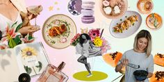 a collage of photos with flowers, plates and food on them is featured in this image