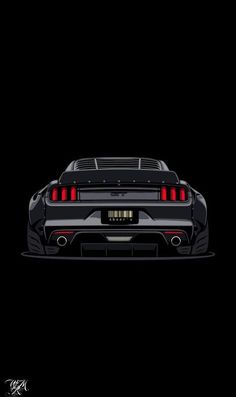 the rear end of a black sports car in the dark with its tail lights on