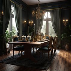 a dining room with wooden floors and dark walls