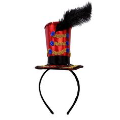 a red top hat with black feathers on it