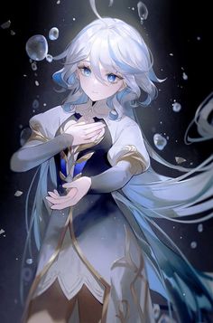 an anime character with white hair and blue eyes, holding her hands on her chest