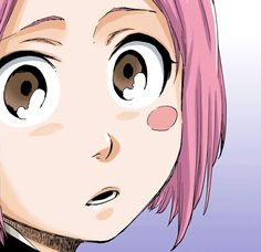 a close up of a person with pink hair and big eyes looking at the camera