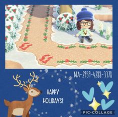 an animated christmas card with a girl and reindeer on the left, and a happy holidays message on the right