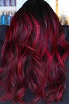 Red With Bright Red Highlights, Different Ombre Hair Colors, Vibrant Red Hair Color Ombre, Brunette Red Blonde Balayage, Red Ombre Hair Color For Brunettes Balayage, Vibrant Red Balayage Hair, Hair Dye Ideas For Redheads Natural Red, Dark Red Ombre Hair Balayage, Bright Red Balayage Hair Brunettes