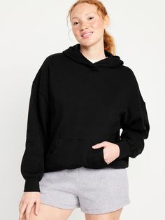 built-in hood drop-shoulder sleeves rib-knit cuffs kangaroo pocket rib-knit hem pull-over style oversized fit hits at hip models are approx.  5'9" and wear sizes s (4), l (12), and xl (18)