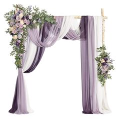 a purple and white wedding arch decorated with flowers